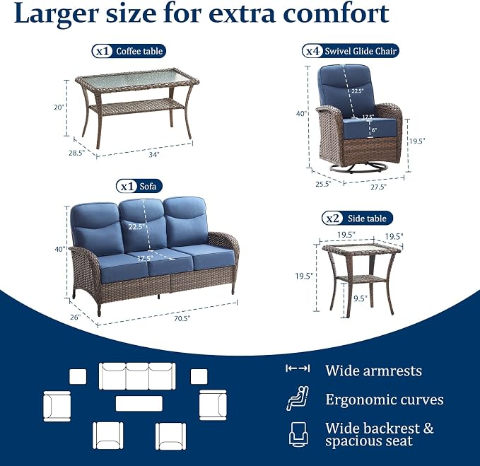 Outdoor Swivel Rocking Chair Patio Set (8-Piece), High-Back - Thick Cushion Swivel Rocking Chair Patio Set, All-Weather Wicker Patio Furniture Set, Suitable for Balcony Patios, Brown/Blue