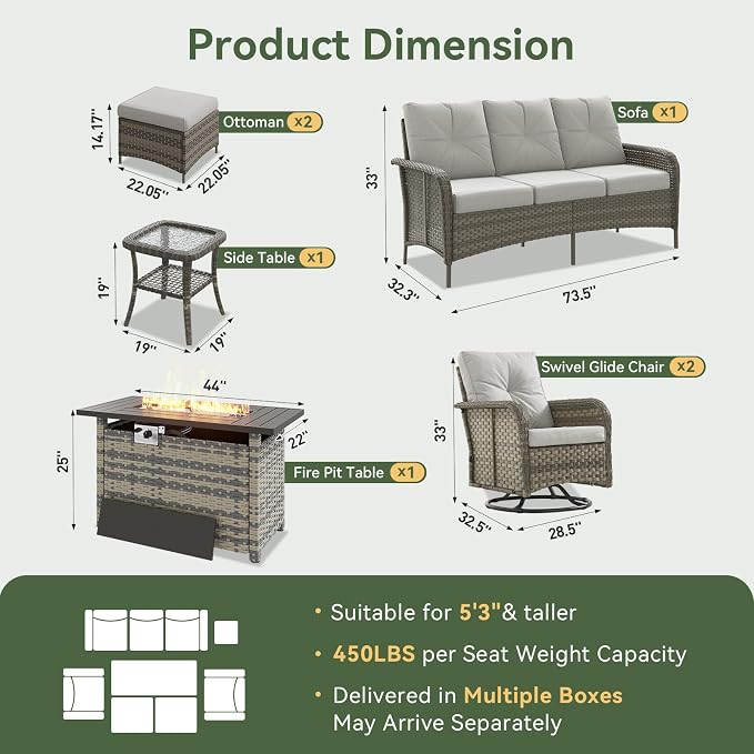 Aoxun 9-Piece Patio Furniture Set with 44” Fire Pit Table, Wicker Outdoor Sectional Sofa with High Back Swivel Rocker Chairs, Outdoor Patio Furniture Set with Thick Cushions & Ottoman, Grey