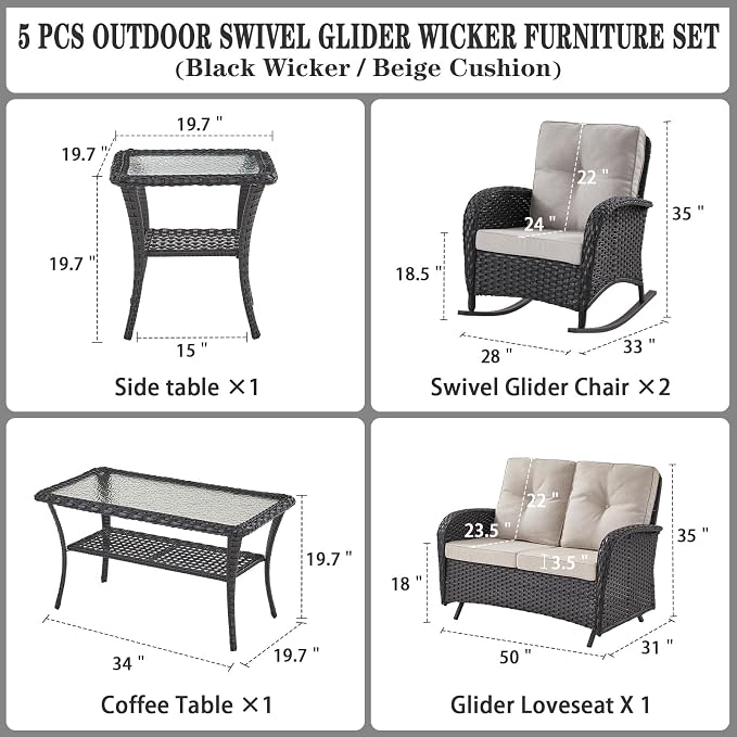 Belord 5 Piece Outdoor Conversation Patio Furniture Set - All-Weather Wicker Patio Rocking Chairs with Loveseat Glider Chair and Coffee Table for Patio Deck Porch Backyard Black Wicker