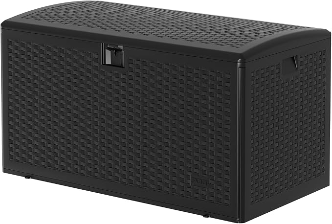 Garvee 120 Gallon Waterproof Large Resin Deck Box Indoor Outdoor, Lockable Storage Container for Patio Furniture Tools, Waterproof Deck Box with Hydraulic Rod Patio Storage Bin for Pool Garden, Black