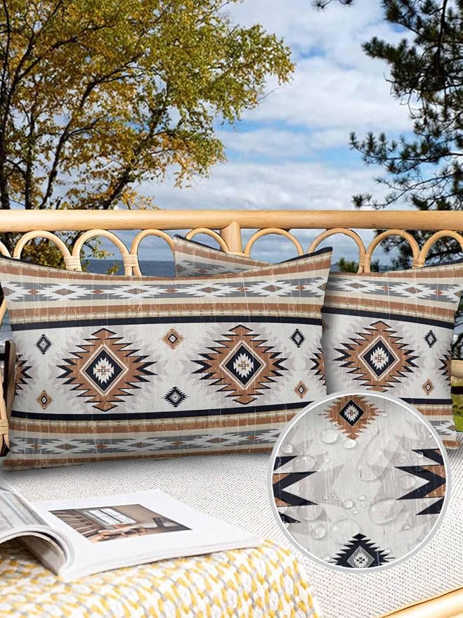 Outdoor Waterproof Throw Pillow Covers Set of 2 Orange Boho Aztec Lumbar Pillowcases 20x12 Inches Southwest Tribal Geometric Patio Decorative Pillows Cushion Case Patio Pillows for Couch Bed Garden
