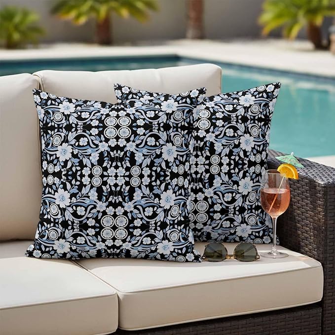 Black Blue Floral Outdoor Pillow Covers 20x20 Inch Throw Pillow Covers Set of 2 Waterproof Decorative Pillow Cases Vintage Pastoral Botanical Leaves Cushion Covers for Patio Furniture Garden Couch
