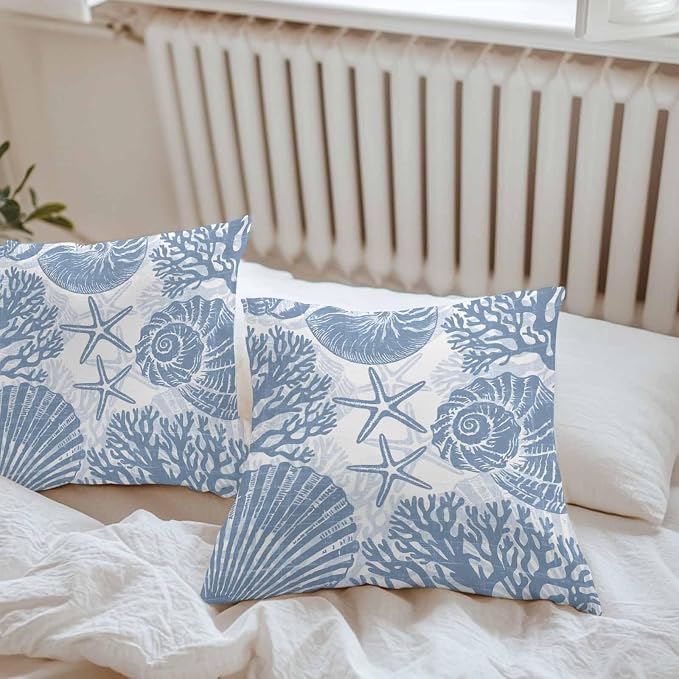 Outdoor Pillow Covers 16x16 Inch Set of 2, Lake Blue Coastal Waterproof Throw Pillow Covers, Beach Starfish Nautical Coral Shell Summer Decorative Cushion Pillowcases for Couch Sofa Bed Garden Patio