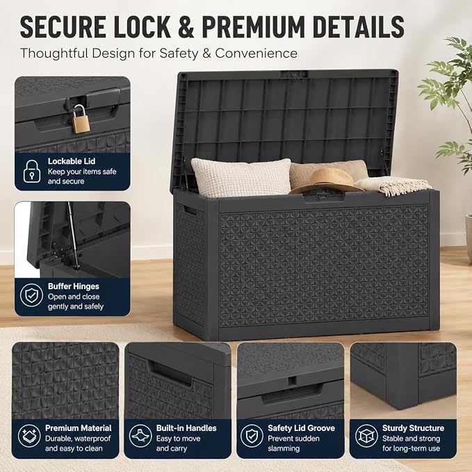 102 Gallon Outdoor Storage Box, Resin Deck Box Waterproof & Lockable, Patio Cushion Storage Bench for Garden, Pool, Furniture & Tools, UV Resistant Heavy Duty, Black
