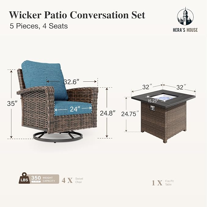 HERA'S HOUSE 5-Piece Patio Furniture Set with Outdoor Swivel Chairs & Fire Pit, High Back Wicker Conversation Sets with 5.5" Thick Cushions, All-Weather Deep Seating Sofa, Blue