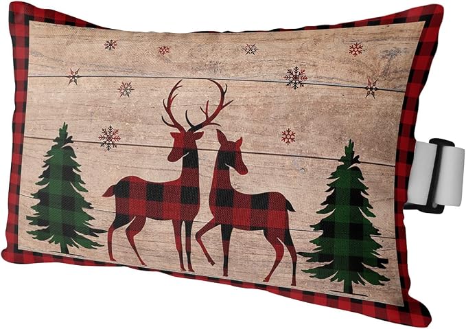 Outdoor Pillows Covers with Inserts Merry Christmas Elk Deer and Green Xmas Tree Waterproof Recliner Pillow with Adjustable Strap Throw Pillows for Patio Furniture Pool Lounge Chair, 11x16 inch, 1PCS