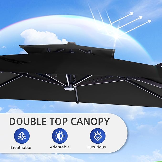 9 X 12 FT Cantilever Outdoor Patio Umbrella with Led Lights Heavy Duty Windproof Double Top Large Rectangle Offset Umbrellas with 360-degree Rotation for Garden Pool Deck Backyard, Black