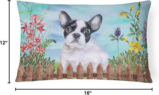 Caroline's Treasures CK1272PW1216 French Bulldog Black White Spring Canvas Fabric Decorative Pillow Machine Washable, Indoor Outdoor Decorative Pillow for Couch, Bed or Patio, 12HX16W
