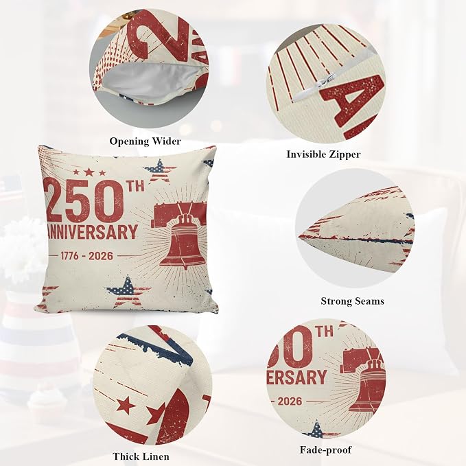 250th Anniversary Outdoor Pillow Covers 26"x26" Set of 2, Liberty Bell Stars Vintage 1776-2026 Waterproof Throw Pillow Covers for Patio Furniture, Decorative Cushion Covers for Porch