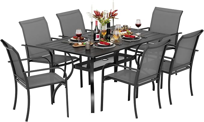 Incbruce 7 Pieces Outdoor Dining Set, Patio Metal Dining Set of 6 Textilene Chairs and Rectangle Table with Umbrella Hole for Lawn, Garden, Porch and Backyard (Grey)