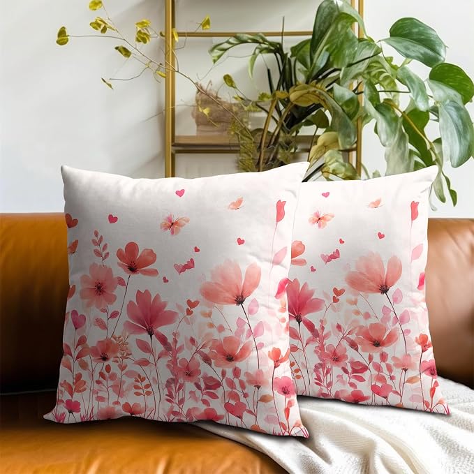 Floral Throw Pillow Covers 16x16 Set of 2, Pink Flowers Leaves and Butterfly Decorative Pillowcases Cotton Cushion Cover for Couch Sofa Farmhouse Wedding Home Decoration