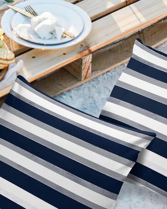 Pack of 2 Blue Grey White Stripes Outdoor Pillow Waterproof Covers 20x20 inch, Classic Geometric Polyester Throw Pillow Covers Garden Cushion Decorative Case for Patio Couch Decoration