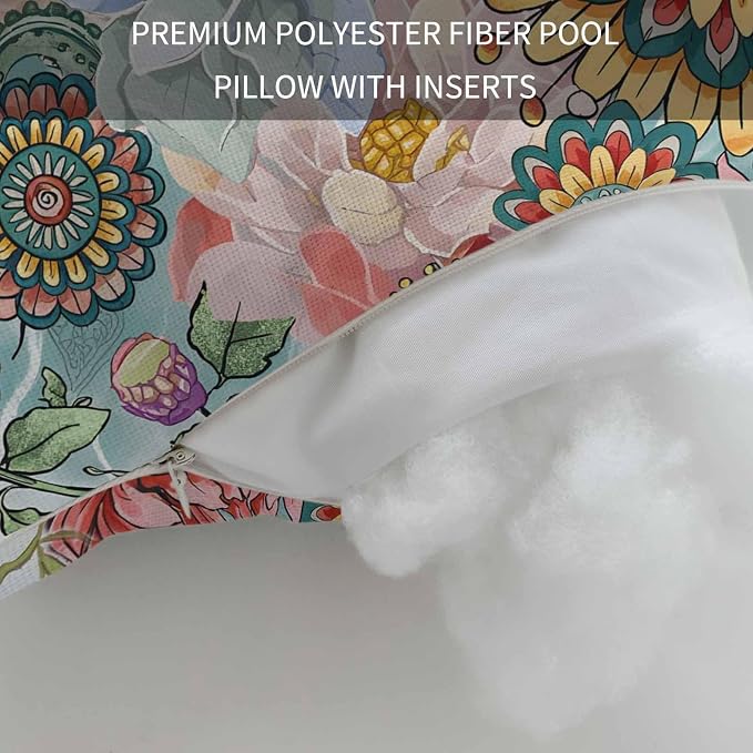 Boho Floral Outdoor Lumbar Pillow 11x16 Inch, Spring Vintage Abstract Art Flowers Waterproof Throw Pillow Covers with Insert, Decorative Chair Cushions for Patio Garden Recliner