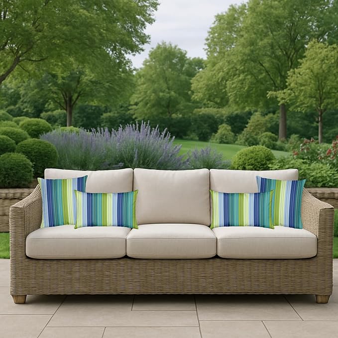 RSH DECOR: Sunbrella Square Throw Pillows Set of 4 | 17" x 17" | Water and Fade-Resistant Performance Fabric | Outdoor Pillow Covers with Down-Alternative Inserts | Seville Seaside - Made in USA