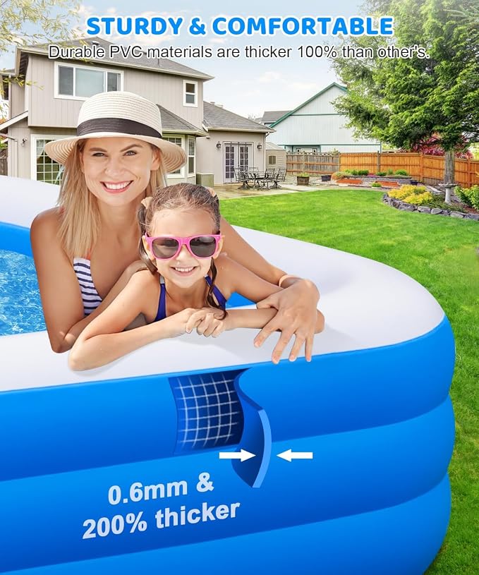 Extra Large Inflatable Swimming Pool - 145" X 74" X 22" Oversized Thickened Blow Up Pool for Kids and Adult, Kiddie Pool for Backyard, Easy Setup & Portable