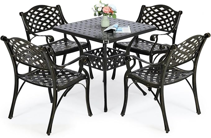 VIVIJASON 5-Piece Outdoor Patio Dining Set, All-Weather Cast Aluminum Conversation Set, Patio Furniture Set for Balcony Lawn Garden Backyard, Include 4 Chairs, a 30.5” Square Table with Umbrella Hole