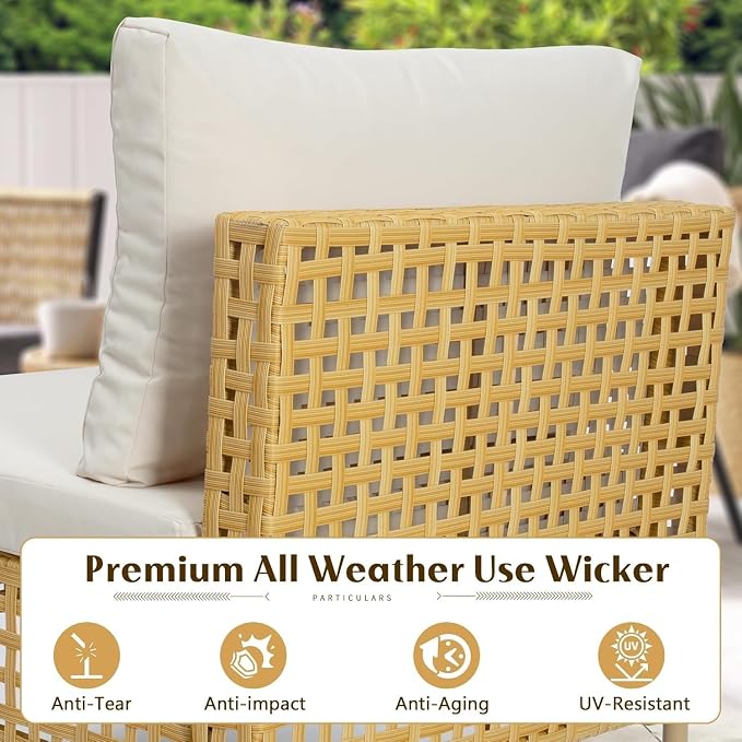 7 Piece Boho Wicker Patio Furniture Set with Fluffy Black Cushions and Coffee Table, Modular Outdoor Couch Conversation Set for Deck, Garden, Backyard, Balcony, All Weather Sectional Lounge Seating(Be