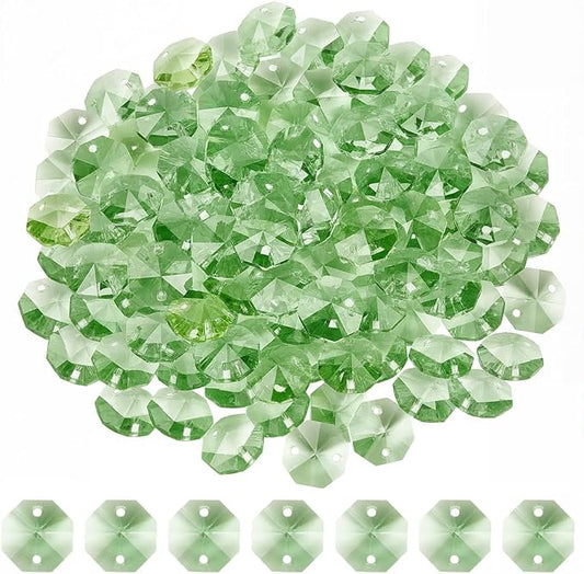 1 Box 120Pcs 14mm Crystal Glass Octagon Beads 2 Hole Prism Bead Bulk Pale Green Chandelier Replacement Connector Suncatcher Faceted Spacers for DIY Lamps Hanging Ornament Pendant Jewelry