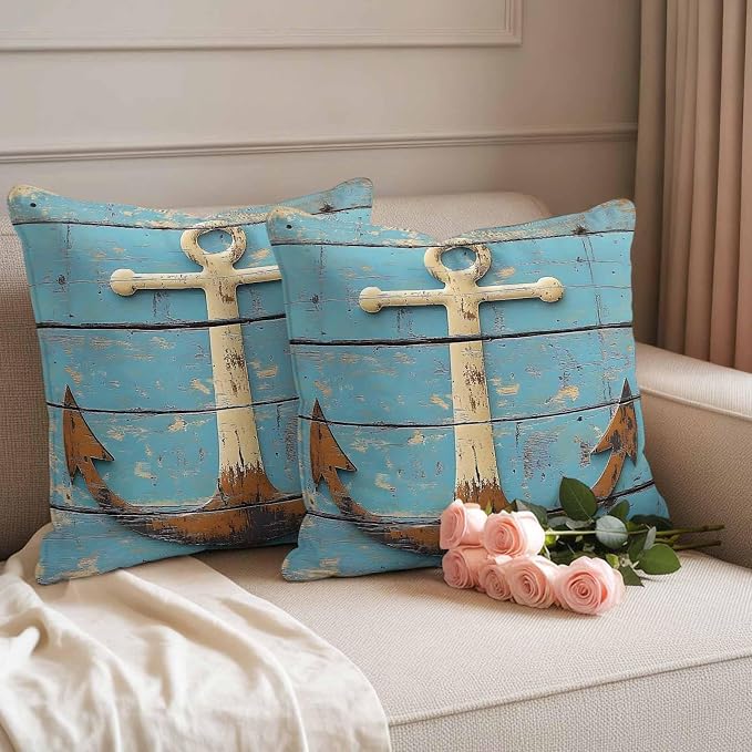 Vintage Anchor Waterproof Outdoor Pillow Covers Set of 2 Home Decor, Coastal Nautical Blue Brown Wooden Pillowcase Patio Pillow Covers for Couch Bench Furniture Garden 16x16in