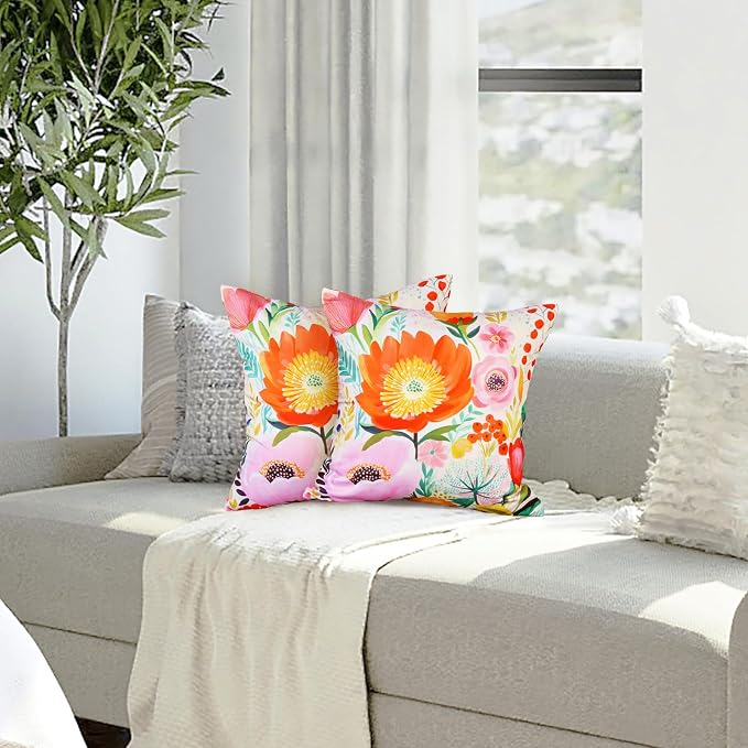 Spring Floral Pillow Covers 16x16 Inch Set of 2 Waterproof Pink and Orange Flowers Decorative Pillowcases Outdoor Farmhouse Patio Cushion Cases for Sofa Couch Home