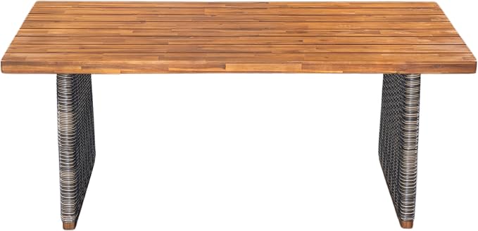 Christopher Knight Home Pasco Acacia Wood Outdoor Dining Table Set for 6, Wicker Patio Dining Set with Acacia Wood Table and Bench, Patio Table and Chair Set with Cushion+Rope Backrest,Black+Teak+Grey