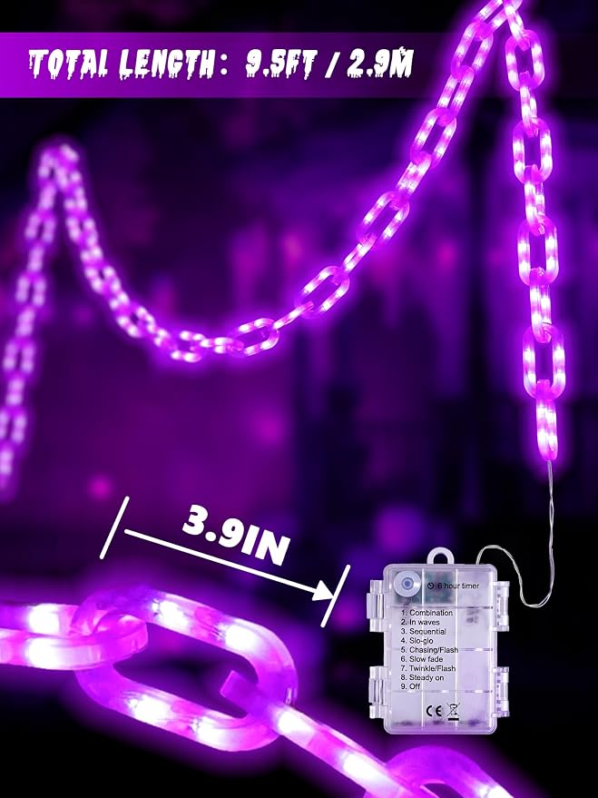 Battery Halloween Chain Lights, 10 FT 160 LED Purple Light-Up Plastic Timer | 8 Modes Battery Operated with Memory for Skeleton Dog, Yard Skeleton, Haunted House and Outdoor Decor Halloween Decorations