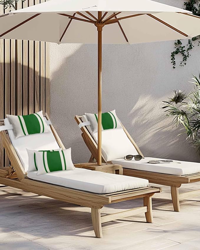Outdoor Lumbar Pillows with Strap & Insert Green Stripe Lines Recliner Head Pillow Pack of 2 Linen Striped Waterproof Headrest Patio Lounge Chair Pillows for Beach Pool Office Chaise Chair 11x16 Inch