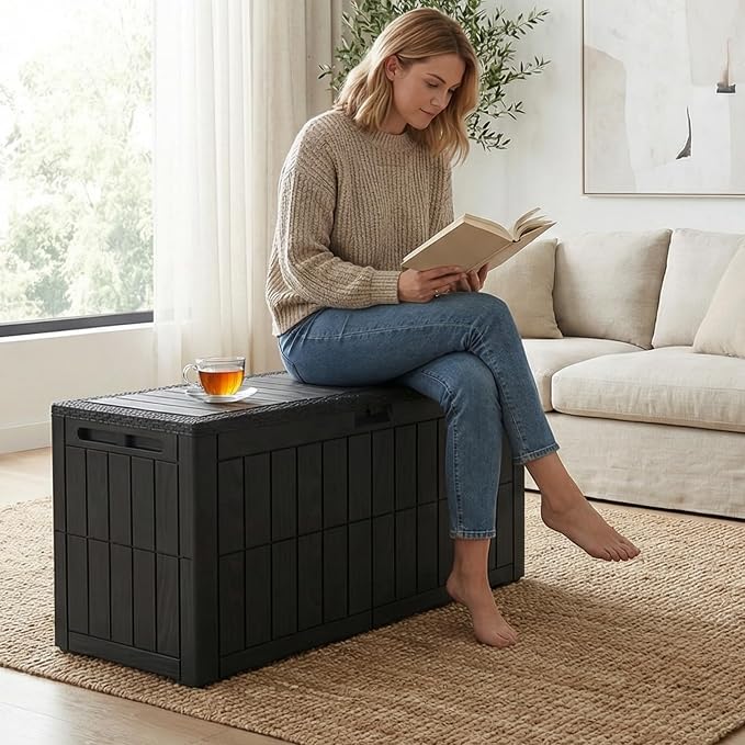 100 Gallon Outdoor Storage Box, Water Proof Resin Deck Box with Lockable Lid, Patio Furniture Storage Container for Cushions, Pool Accessories, Garden Tools, Black
