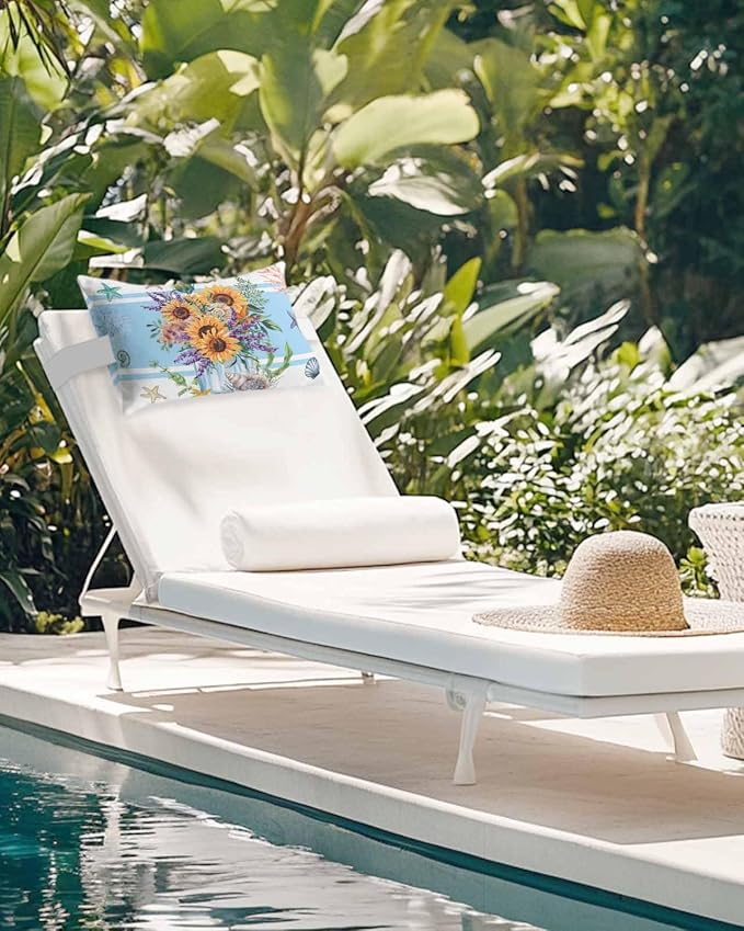 Pack of 2 Outdoor Lumbar Cushions Pillows, Summer Sunflower Blue Stripe Starfish Shell Ocean Flower Waterproof Fluffy Fade Body Pillows, Patio Furniture Pillow for Home Balcony Garden Decor 11x16IN