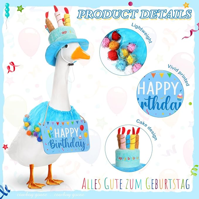 Happy Birthday Porch Goose Outfit Lawn Goose Cloth Costume for 23" Cement Plastic Patio Yard Statue Outdoor (Blue,Tutu Skirt)