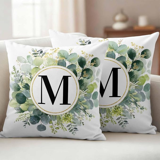 Letter M Waterproof Outdoor Pillow Covers Set of 2 Home Decor, Alphabet Green Eucalyptus Leaves Pillowcase Patio Pillow Covers for Couch Bench Patio Furniture Garden 26x26in