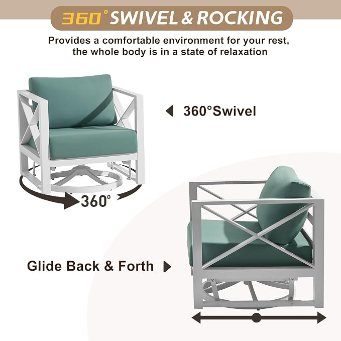 Aluminum Patio Furniture Set with Fire Pit Table, 6-Piece All-Weather Outdoor Conversation Set with Swivel Rocking Chairs, Oversized Modern Sofa for Backyard,Deck,Balcony–White