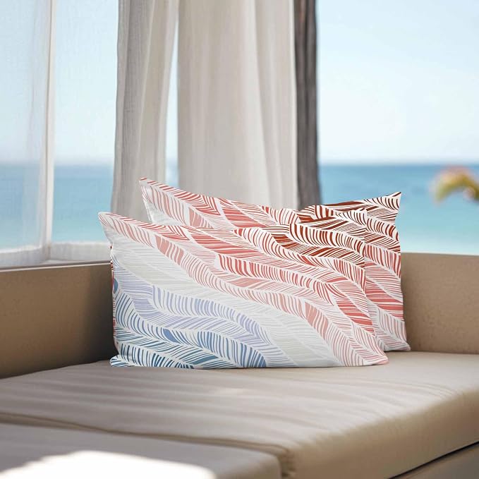 Vandarllin Outdoor Throw Pillows Covers 20x12 inch Set of 2 Waterproof Summer Beach Decorative Zippered Cushion Covers for Patio Furniture, Ombre Red Abstract Leaf Lines Lumbar Pillowcases
