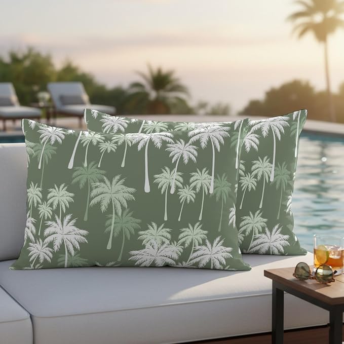 Lumbar Pillow Covers 20x12 Inch Set of 2, Tropical Palm Tree Waterproof Outdoor Pillow Covers, Olive Green Plants Coastal Leaf Beach Decorative Cushion Pillowcases for Couch, Sofa, Bed, Garden, Patio