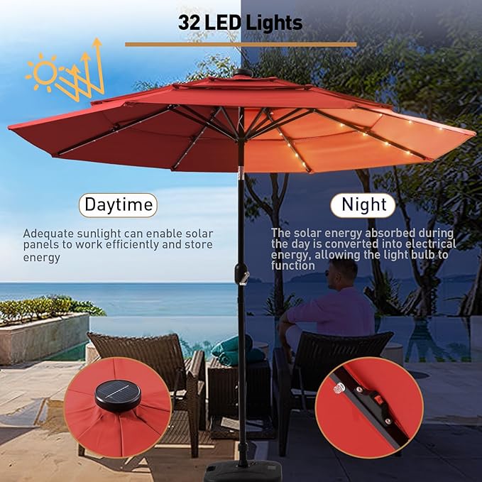 COSIEST 9FT 3 Tiers Patio Umbrella with Solar Lights, LED Outdoor Umbrellas with 8 Sturdy Ribs, Market Patio Table Umbrella with Push Button Tilt, Pool Umbrellas for Garden, Pool, Backyard