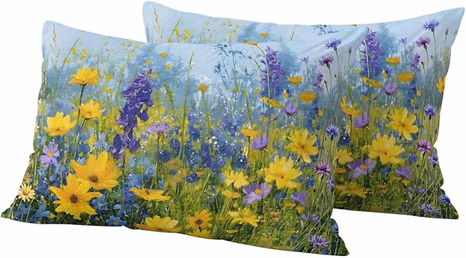 Outdoor Waterproof Pillow Covers for Patio Rustic Landscape Decorative Throw Pillow Cover Spring Wildflower Floral Yellow Blue Purple Pillowcases Set of 2 Cushion Case for Sofa Couch Chair 12x20 Inch