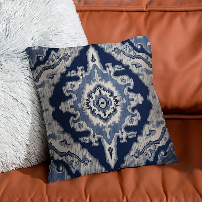 Throw Pillow Covers Blue Grey Medallion Ikat Pillowcase Retro Solid Navy White Pillow Cover Accent Square Couch Sofa Cushion Covers for Patio Garden Couch Tent 20x20 in