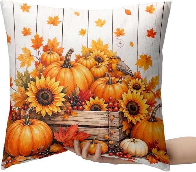 Pumpkin Pillow Covers Autumn Maple Leaf Throw Pillow Covers 20x20 Set of 2 Fall Pillow Cases Thanksgiving Berry Sunflowers Cushion Cases for Home Bedroom Living Room Patio
