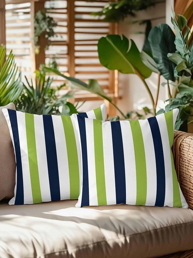 Outdoor Pillows Waterproof, Green Navy Blue Striped Bedding Throw Pillows with Insert for Couch Sofa Bed, Farmhouse Stripe Art 18x18 Inch Pillowcases Decorative Camping Patio Pillow Set of 2
