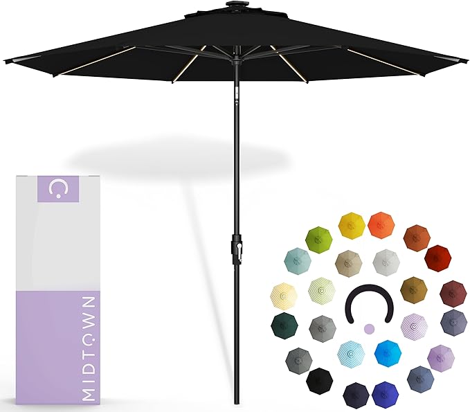 Midtown Umbrellas The LED Swilt 10 Feet Patio Umbrella With Terylast Ebony (Black) Polyester Fabric - Auto-Tilt Aluminum Frame With LED Lights For Backyard, Deck, Garden, Pool - Black Pole