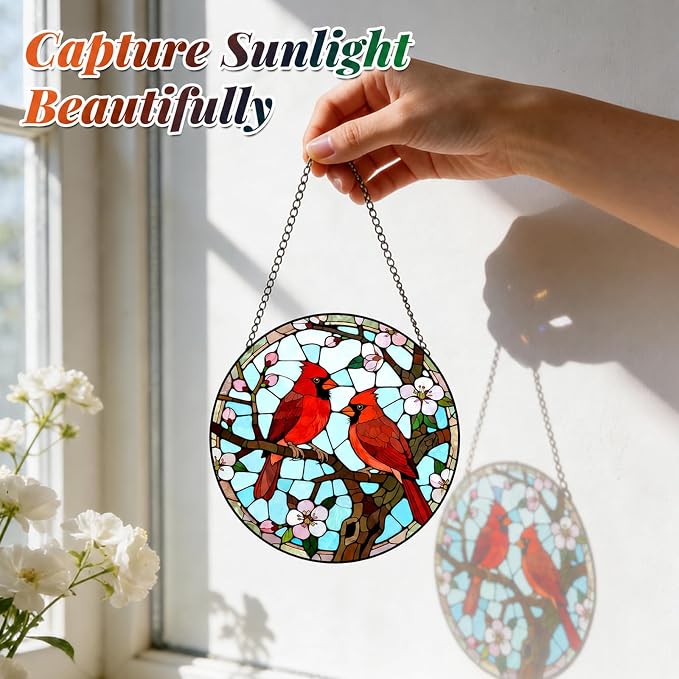 Cardinal Pair Stained Glass Suncatcher Window Hanging Bird Memorial Gift | 7.8in Garden Sun Catcher, Red Cardinals Patio Decor, Gifts for Mom Grandma Bird Lovers & Valentine Day, Christmas Ornaments