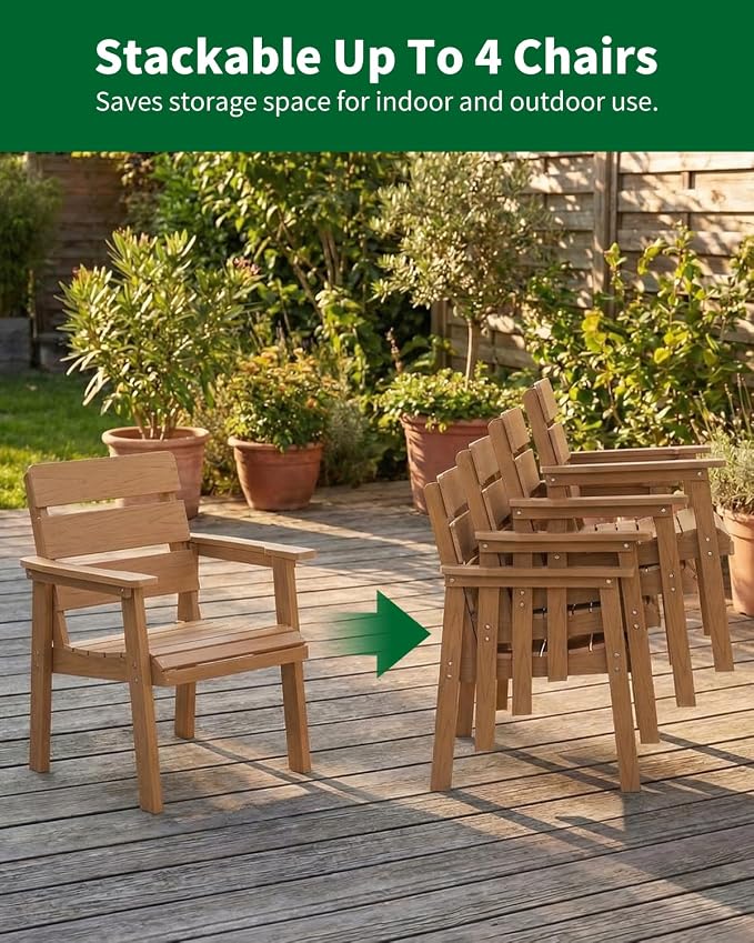7-Piece Outdoor Dining Set, All-Weather HIPS Patio Table & Chairs for 6, Outdoor Furniture with Umbrella Hole, Ideal for Garden, Poolside, Backyard, Deck, Teak