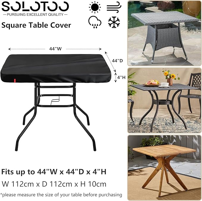Outdoor Square Table Cover Waterproof UV-Resistant for 44 x 44 Inch Patio Tables - Heavy Duty Weatherproof Table Top Protector with Elastic Hem (Black)