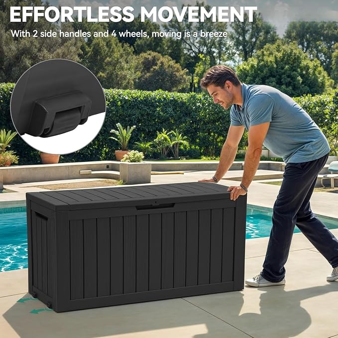 72 Gallon Outdoor Storage Box with Wheels Resin Deck Box for Indoor Outdoor Patio Throw Pillows Athletic Gear Black