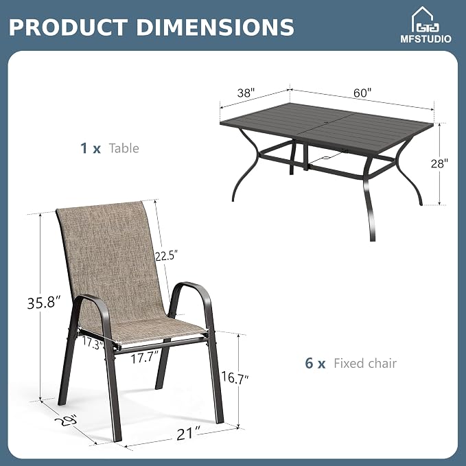 MFSTUDIO Patio Table and Chairs Set of 6, Outdoor Dining Set with Umbrella Hole, 7 Piece Patio Furniture Dining Set with Stackable Chairs