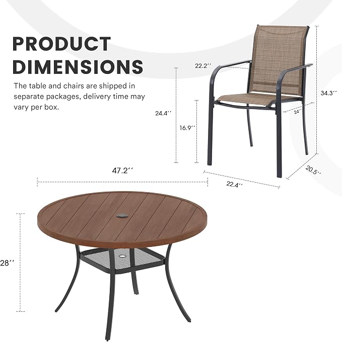 7 Pieces Patio Dining Set, 47" Round Dining Table with Umbrella Hole, 6 Stackable Textilene Fabric Chairs, Metal Structure for Patio, Porch, Garden(Walnut Table, Brown Chair)