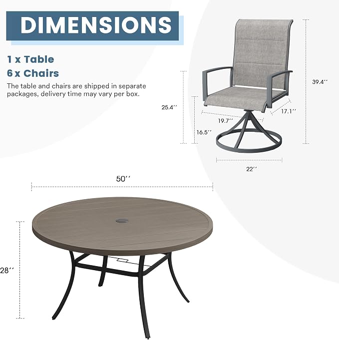 DIFY 7 Piece Outdoor Patio Dining Set for 6, 50" Grey Wood-Like Round Metal Dining Table and Swivel Patio Chairs with Grey Padded Textilene, All-Weather Outdoor Furniture Set for Garden Backyard
