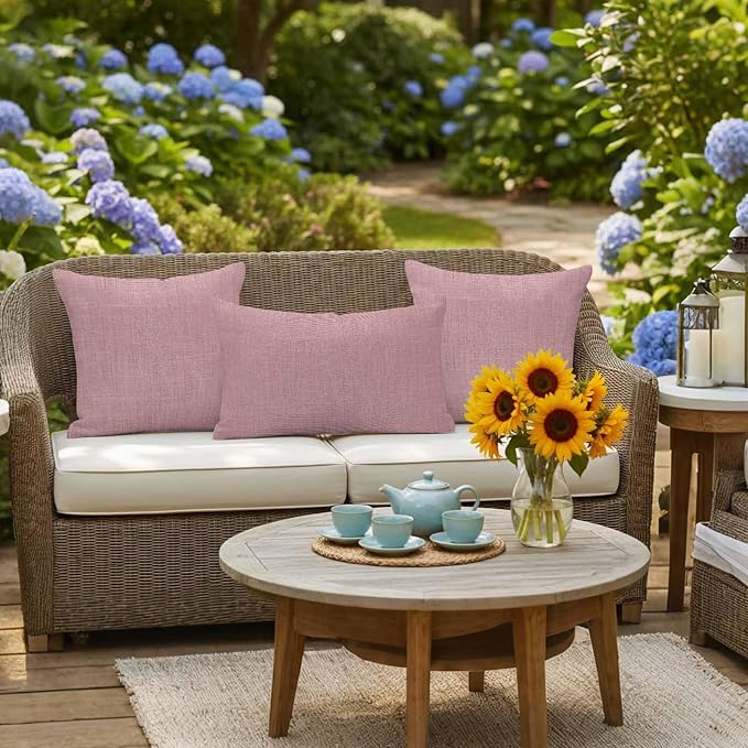 Outdoor Waterproof Throw Pillow Covers Set of 2 Pink Linen Pillowcases 26x26 Inches Farmhouse Pure Color Decorative Pillows Cushion Case Patio Pillows for Couch Bed Chair Garden