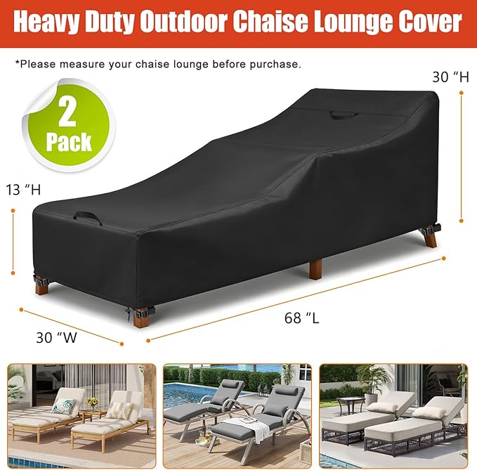 LBTING Outdoor Chaise Lounge Covers 2-Pack, Patio Pool Lounge Chair Covers 68L x 30W x 30H Inches, 420D Oxford Waterproof Windproof Dust-proof UV-Resistant Furniture Cover - Black