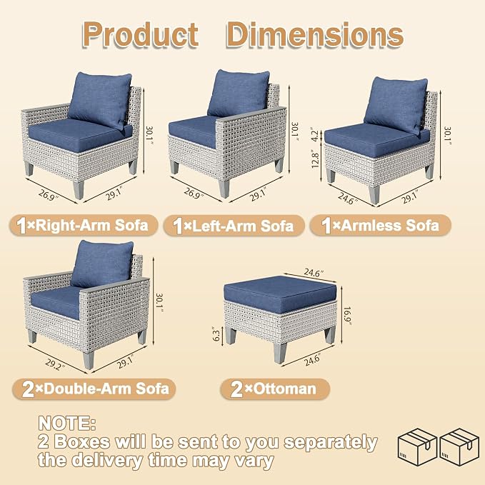7 Pieces Patio Furniture Set with Ottomans, Modern Outdoor Sectional Sofa with Comfy Cushions, Modular Wicker Rattan Patio Conversation Set for Garden Poolside Deck, Navy